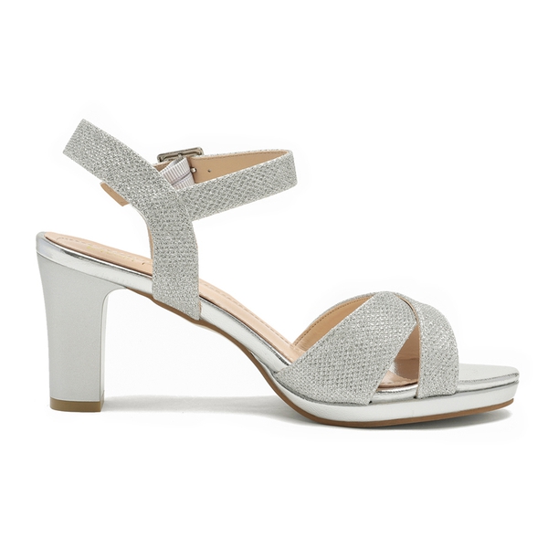 Chunky Heel Ankle Strap Sandals - SILVER GLITTER - 1
